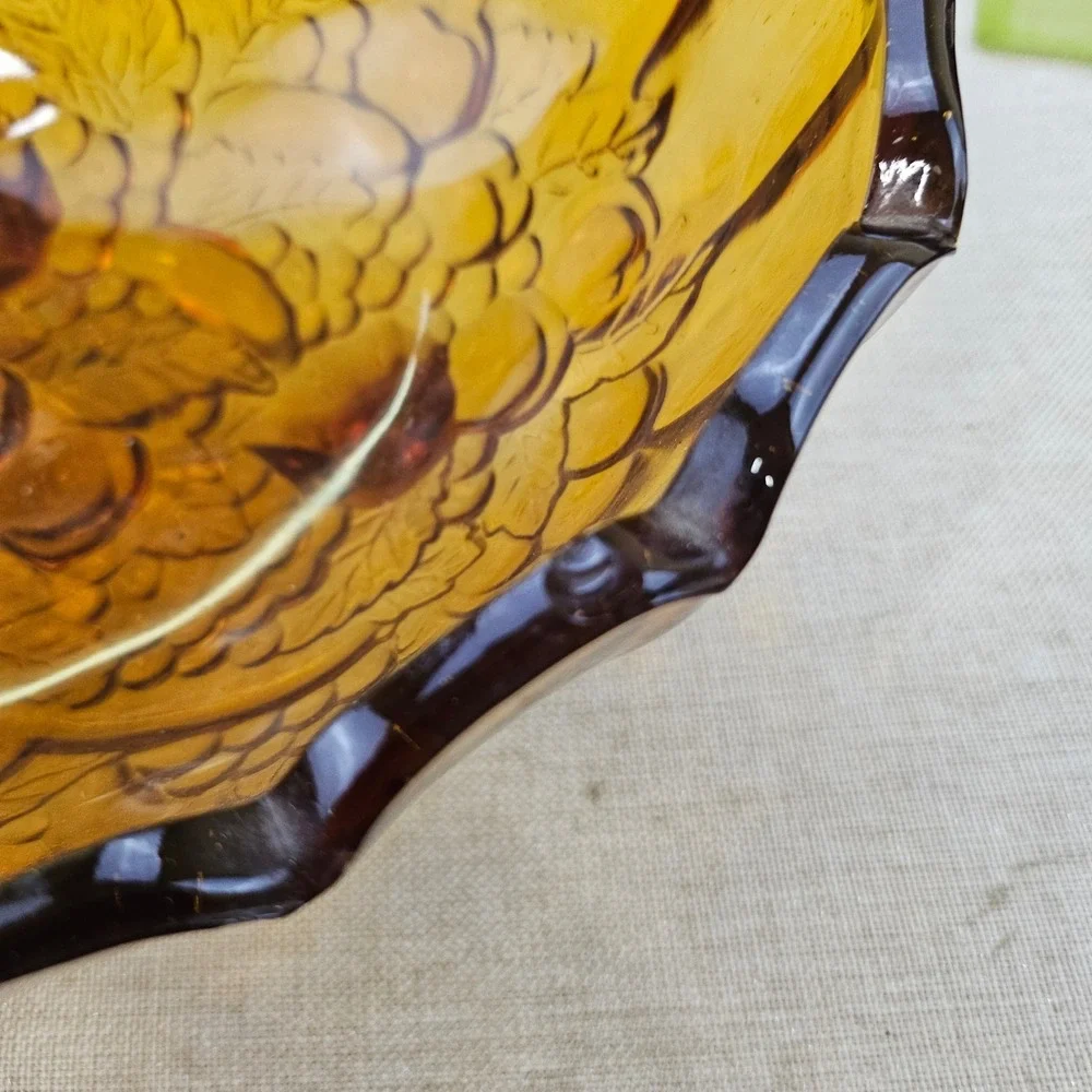 Vintage Amber Indian Glass Fruit Bowl Footed Oval Scalloped Rim Embossed Fruit